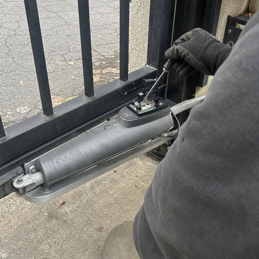 Technician performing electric gate motor repair and maintenance