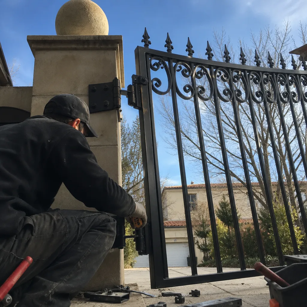 Contractor performing professional iron gate installation on a residential stone pillar