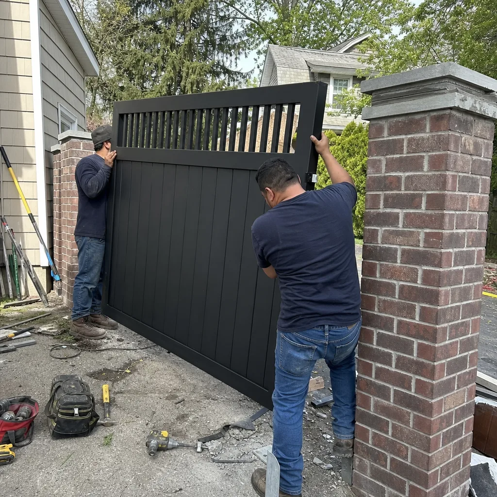 Two contractors installing a black metal privacy gate between brick columns