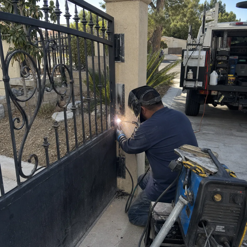 Professional technician performing on-site metal gate repair using an angle grinder